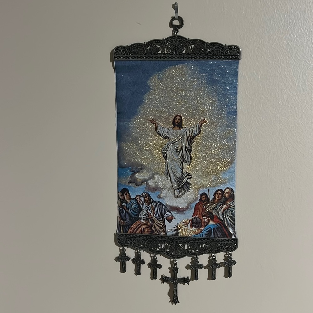 Vintage handmade Jesus cloth metal accent crosses wall art from Israel